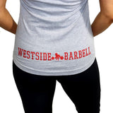 Rückseite des Westside Barbell Racerback Trainings T-Shirt für Frauen in Grau